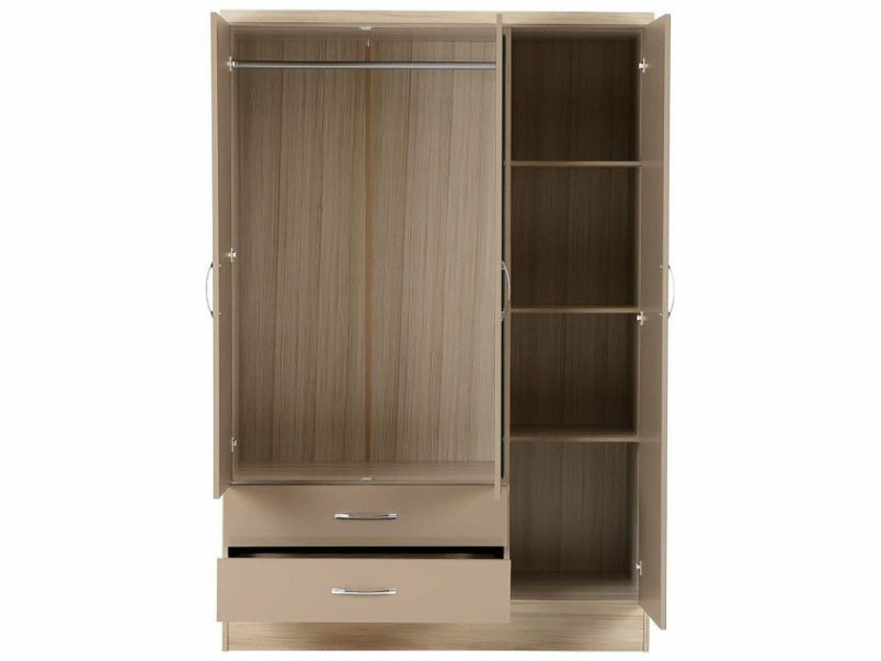 Nevada 3 Door 2 Drawer Mirrored Wardrobe in Oyster Gloss Light Oak Effect Veneer