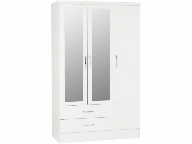 Nevada 3 Door 2 Drawer Mirrored Wardrobe in White Gloss