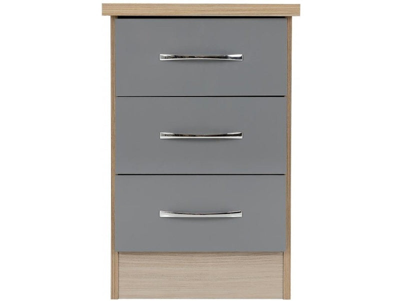 Nevada 3 Drawer Bedside in Grey Gloss Light Oak Effect Veneer