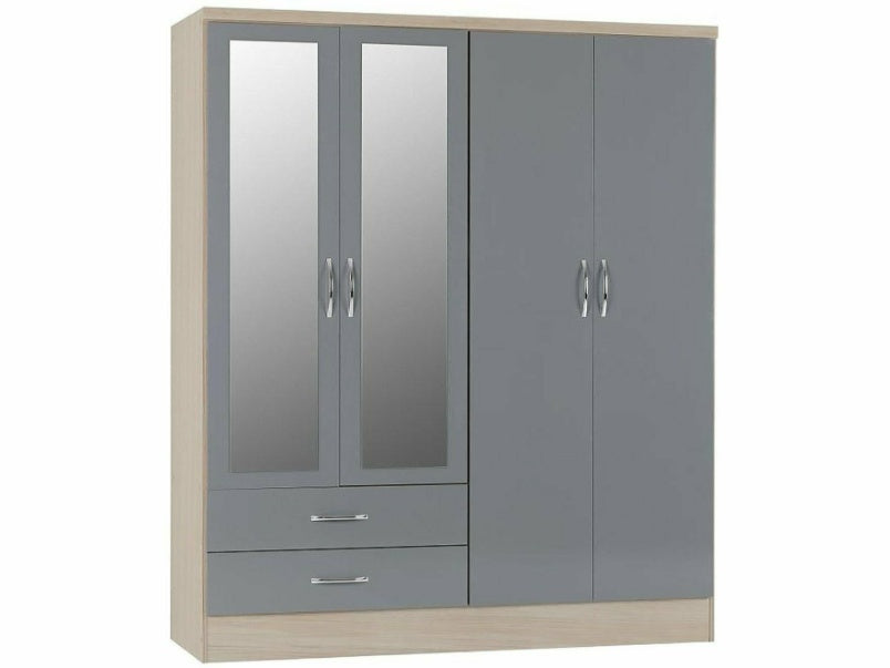 Nevada 4 Door 2 Drawer Mirrored Wardrobe in Grey Gloss Light Oak Effect Veneer