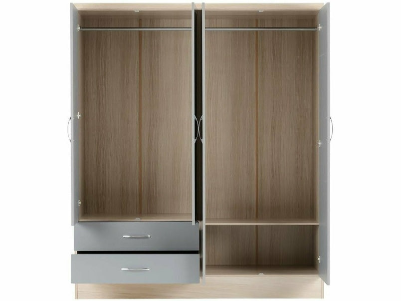 Nevada 4 Door 2 Drawer Mirrored Wardrobe in Grey Gloss Light Oak Effect Veneer