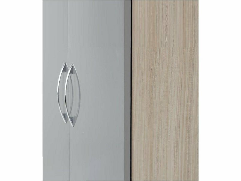 Nevada 4 Door 2 Drawer Mirrored Wardrobe in Grey Gloss Light Oak Effect Veneer