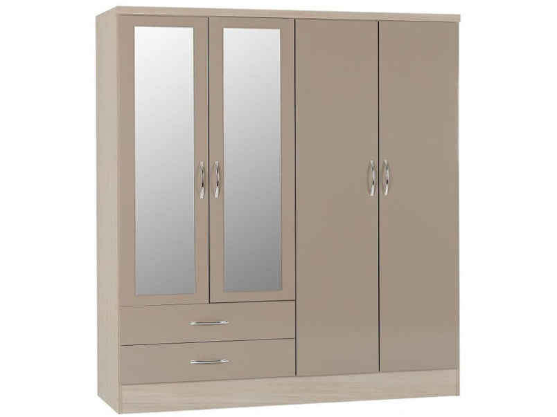 Nevada 4 Door 2 Drawer Mirrored Wardrobe in Oyster Gloss Light Oak Effect Veneer