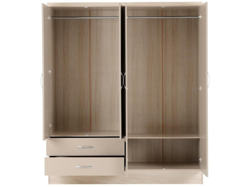 Nevada 4 Door 2 Drawer Mirrored Wardrobe in Oyster Gloss Light Oak Effect Veneer