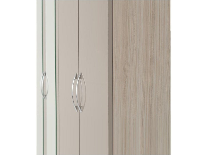 Nevada 4 Door 2 Drawer Mirrored Wardrobe in Oyster Gloss Light Oak Effect Veneer