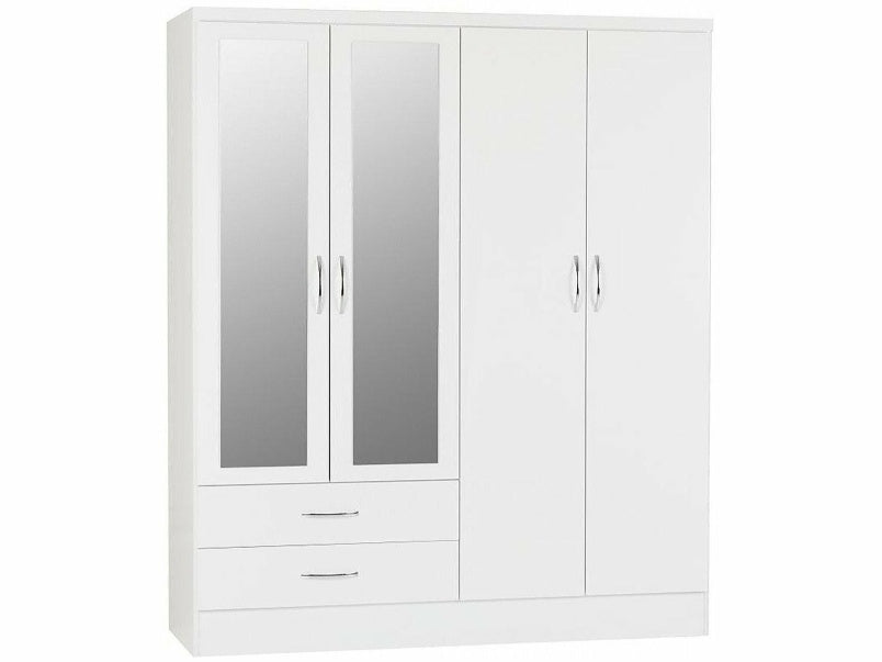 Nevada 4 Door 2 Drawer Mirrored Wardrobe in White Gloss