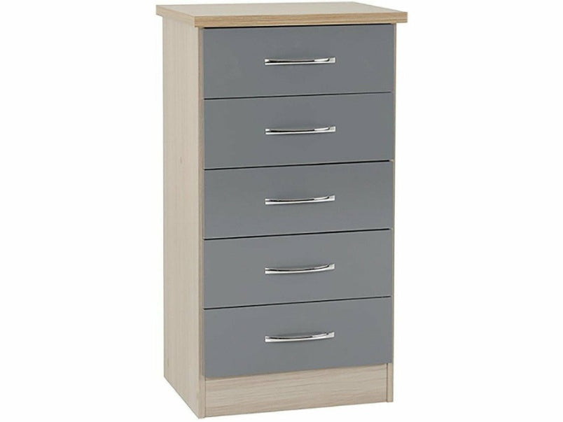 Nevada 5 Drawer Narrow Chest in Grey Gloss Light Oak Effect Veneer