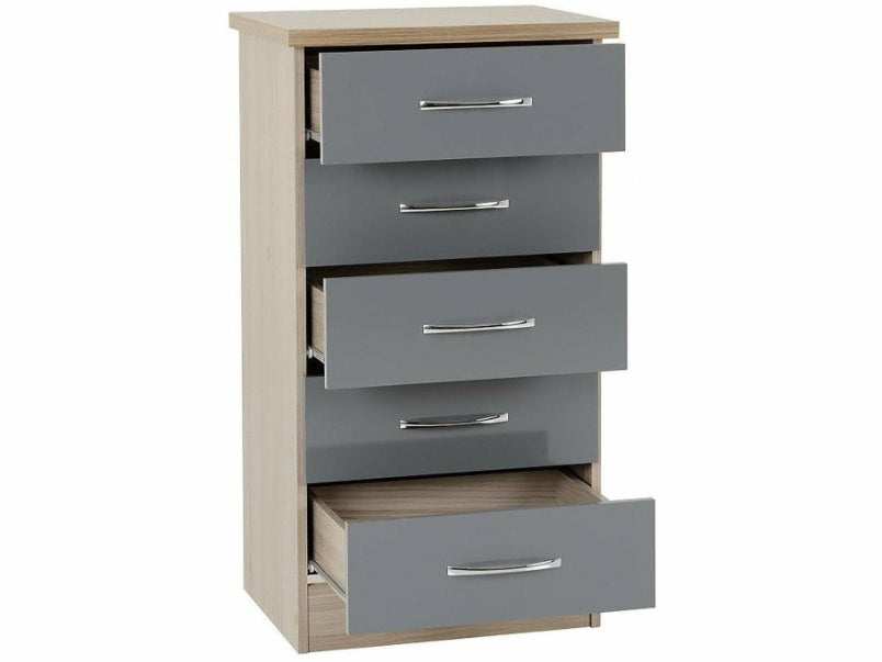 Nevada 5 Drawer Narrow Chest in Grey Gloss Light Oak Effect Veneer