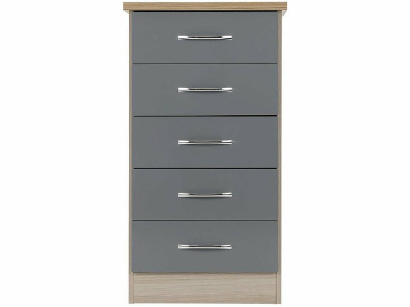 Nevada 5 Drawer Narrow Chest in Grey Gloss Light Oak Effect Veneer