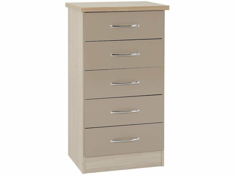 Nevada 5 Drawer Narrow Chest in Oyster Gloss Light Oak Effect Veneer