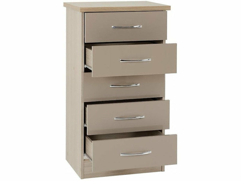 Nevada 5 Drawer Narrow Chest in Oyster Gloss Light Oak Effect Veneer