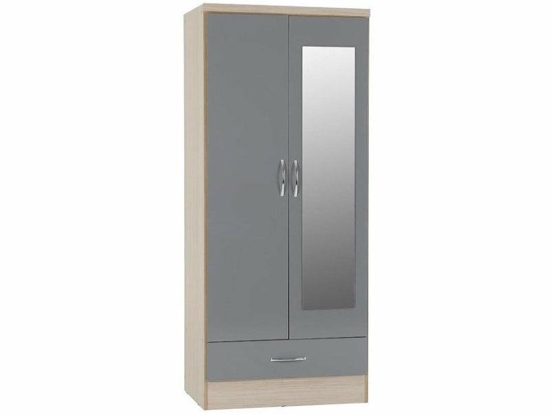 Nevada Mirrored 2 Door 1 Drawer Wardrobe in Grey Gloss Light Oak Effect Veneer