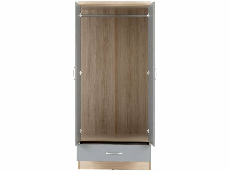 Nevada Mirrored 2 Door 1 Drawer Wardrobe in Grey Gloss Light Oak Effect Veneer