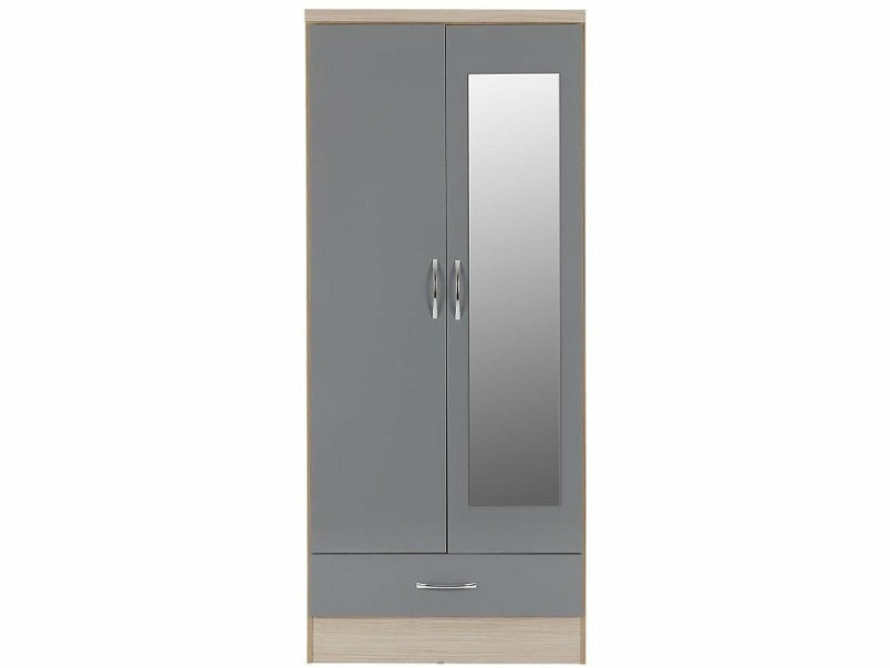 Nevada Mirrored 2 Door 1 Drawer Wardrobe in Grey Gloss Light Oak Effect Veneer