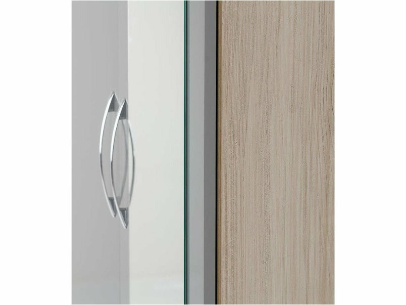Nevada Mirrored 2 Door 1 Drawer Wardrobe in Grey Gloss Light Oak Effect Veneer