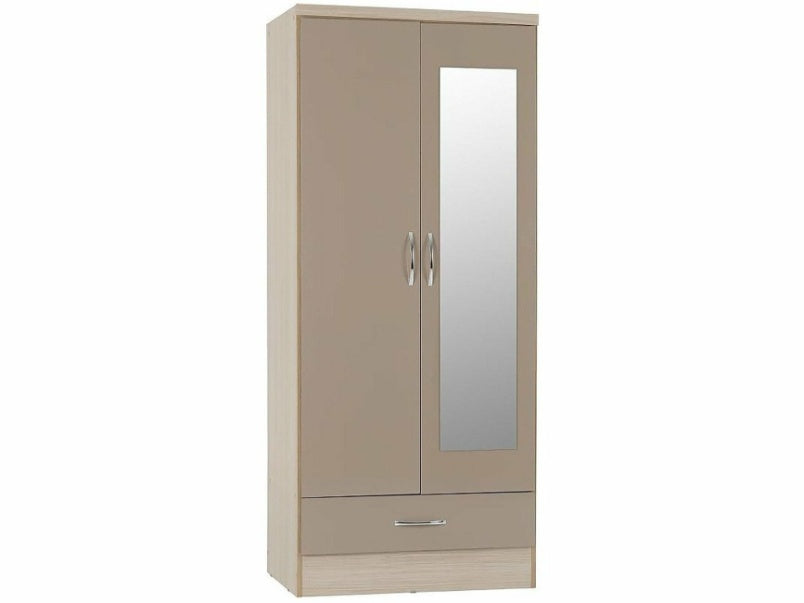 Nevada Mirrored 2 Door 1 Drawer Wardrobe in Oyster Gloss Light Oak Effect Venee