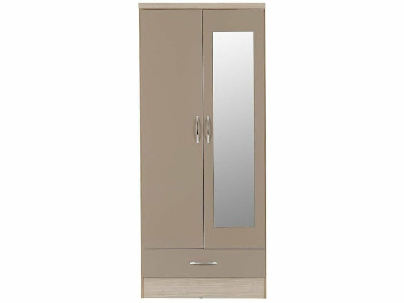 Nevada Mirrored 2 Door 1 Drawer Wardrobe in Oyster Gloss Light Oak Effect Venee