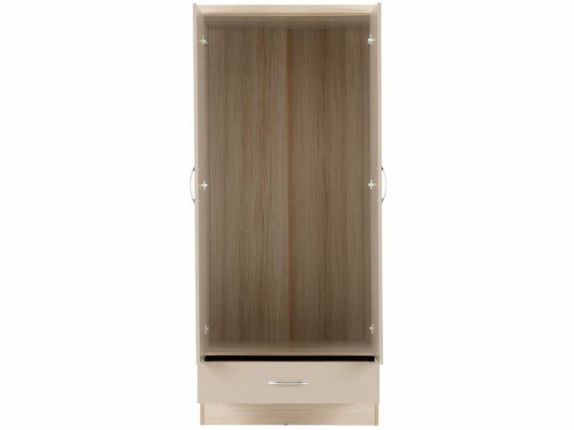 Nevada Mirrored 2 Door 1 Drawer Wardrobe in Oyster Gloss Light Oak Effect Venee