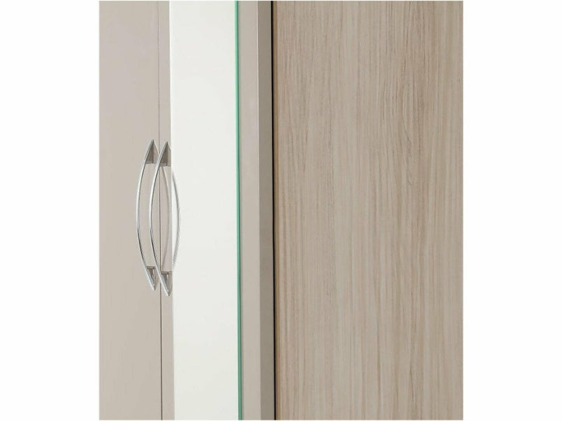 Nevada Mirrored 2 Door 1 Drawer Wardrobe in Oyster Gloss Light Oak Effect Venee