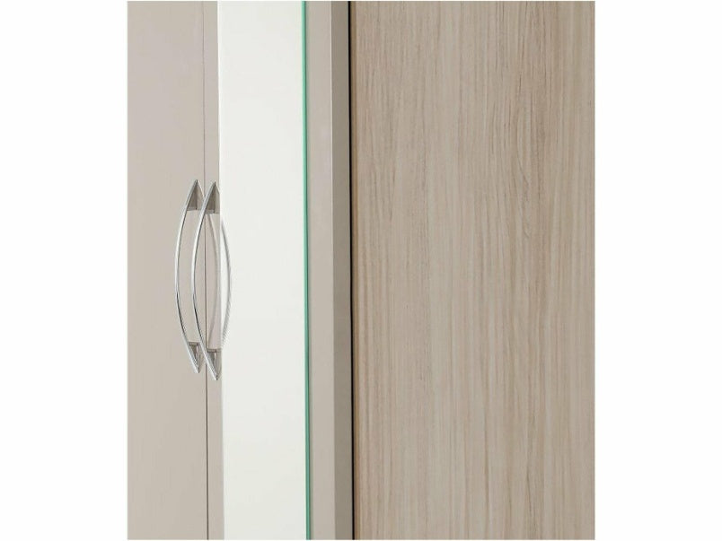 Nevada Mirrored 2 Door 1 Drawer Wardrobe in Oyster Gloss Light Oak Effect Venee