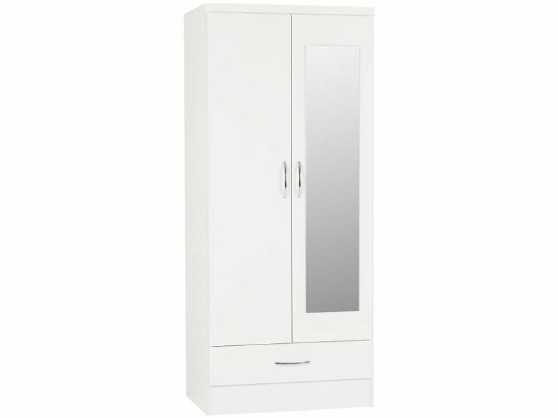 Nevada Mirrored 2 Door 1 Drawer Wardrobe in White Gloss