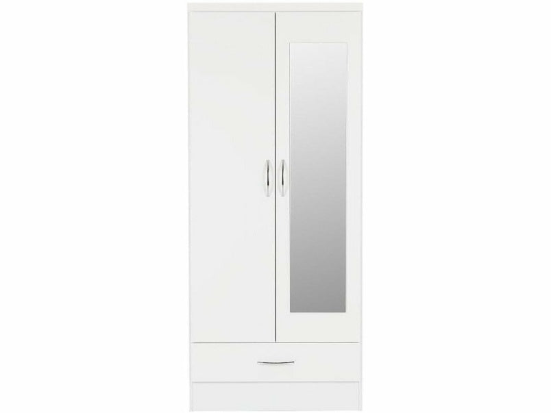Nevada Mirrored 2 Door 1 Drawer Wardrobe in White Gloss