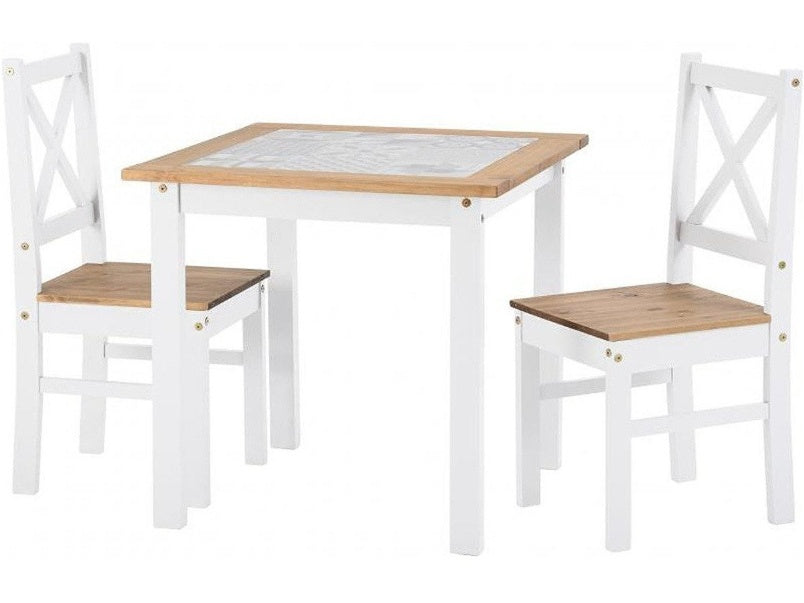 Salvador 1+2 Tile Top Dining Set in White Distressed Waxed Pine