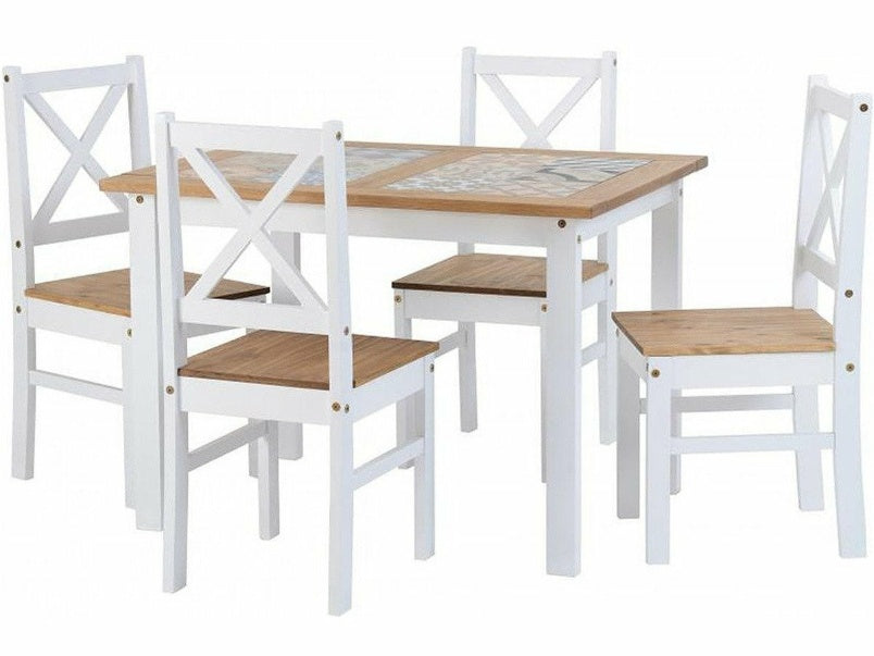 Salvador 1+4 Tile Top Dining Set in White Distressed Waxed Pine