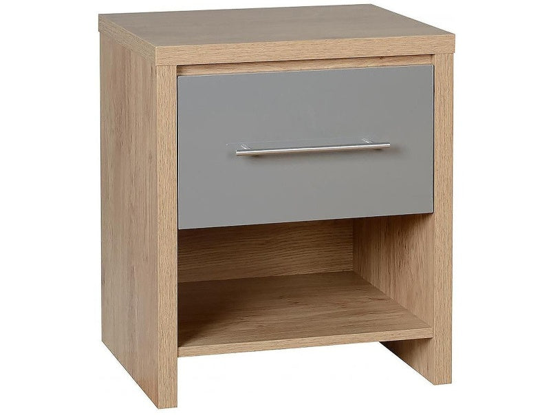 Seville 1 Drawer Bedside Cabinet in Oak Effect Veneer Grey High Gloss