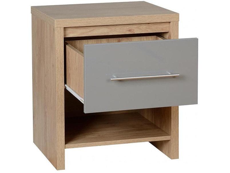 Seville 1 Drawer Bedside Cabinet in Oak Effect Veneer Grey High Gloss