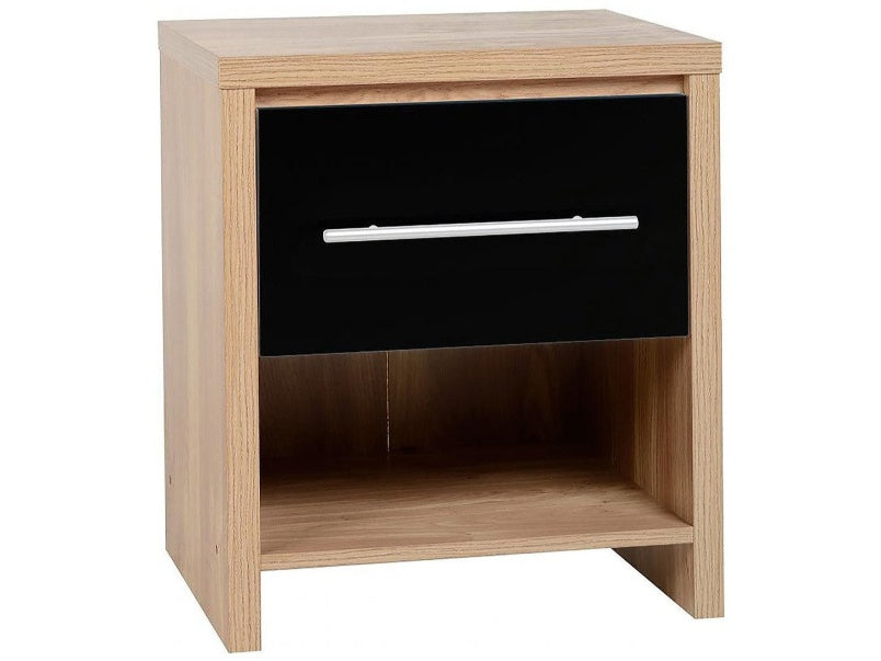 Seville 1 Drawer Bedside Cabinet in Oak Effect Veneer Black High Gloss