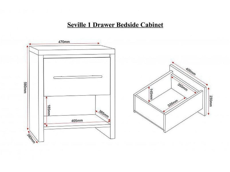 Seville 1 Drawer Bedside Cabinet in Oak Effect Veneer Black High Gloss