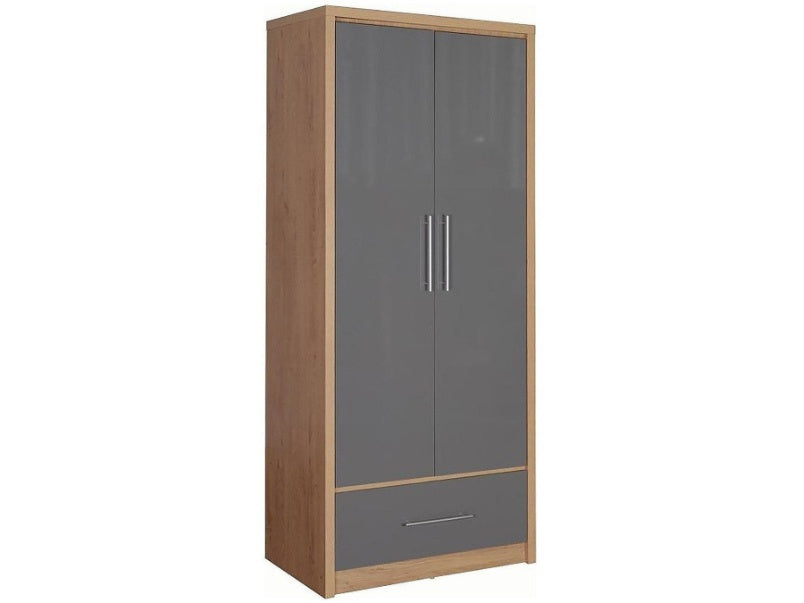 Seville 2 Door 1 Drawer Wardrobe Oak Effect Grey High Gloss