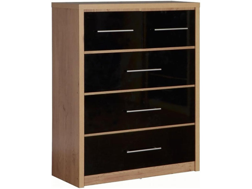 Seville 3+2 Drawer Chest in Light Oak Effect Veneer Black High Gloss