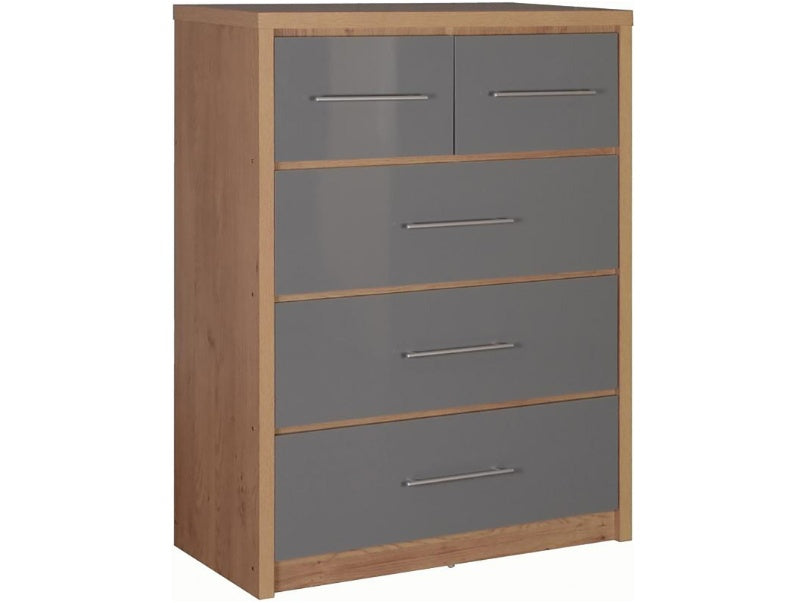 Seville 3+2 Drawer Chest Light Oak Effect Veneer Grey High Gloss