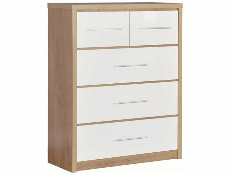 Seville 3+2 Drawer Chest Light Oak Effect Veneer White High Gloss