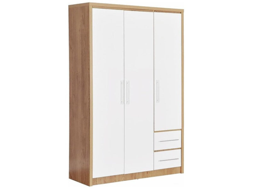 Seville 3 Door 2 Drawer Wardrobe in Oak Effect Veneer White High Gloss