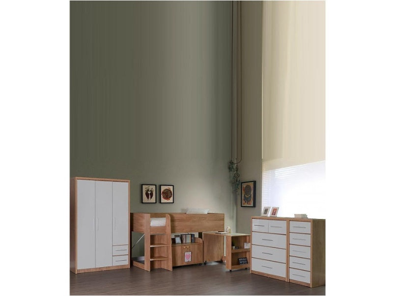 Seville 3 Door 2 Drawer Wardrobe in Oak Effect Veneer White High Gloss