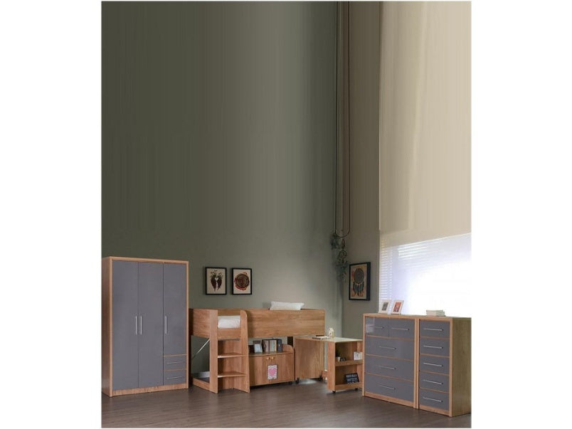 Seville 3 Door 2 Drawer Wardrobe Oak Effect Veneer Grey High Gloss