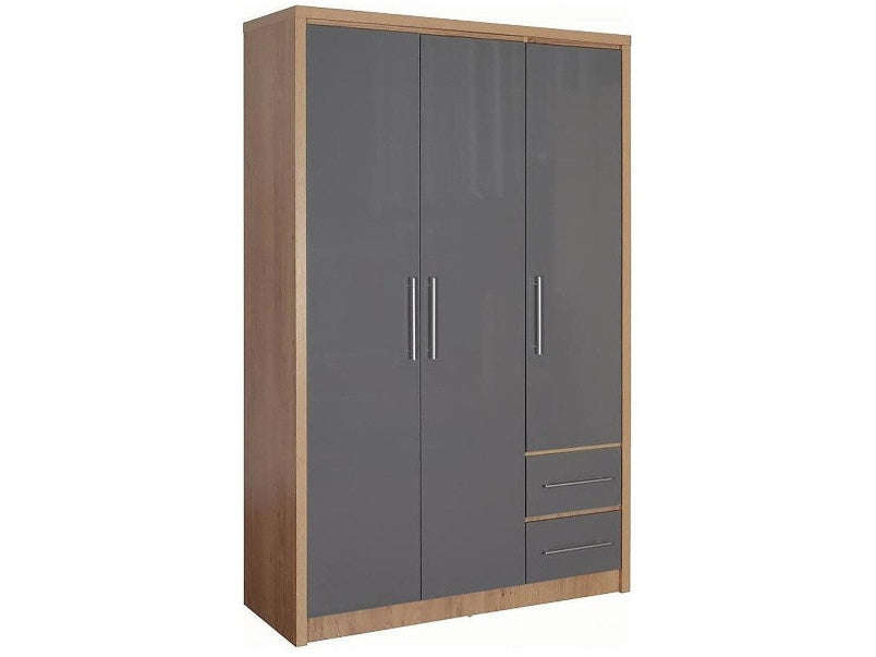 Seville 3 Door 2 Drawer Wardrobe Oak Effect Veneer Grey High Gloss