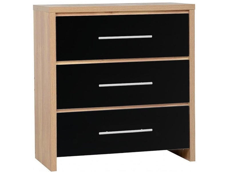 Seville 3 Drawer Chest in Light Oak Effect Veneer Black High Gloss