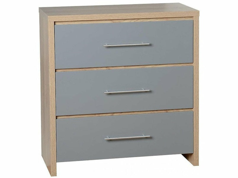 Seville 3 Drawer Chest in Light Oak Effect Veneer Grey High Gloss