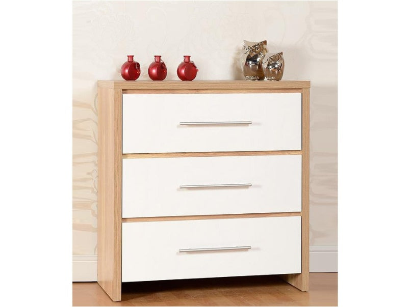 Santiago 3 Drawer Chest in Light Oak Effect Veneer White High Gloss