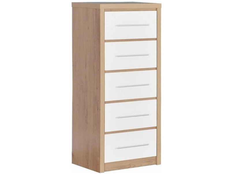 Seville 5 Drawer Narrow Chest in Oak Effect Veneer Grey High Gloss