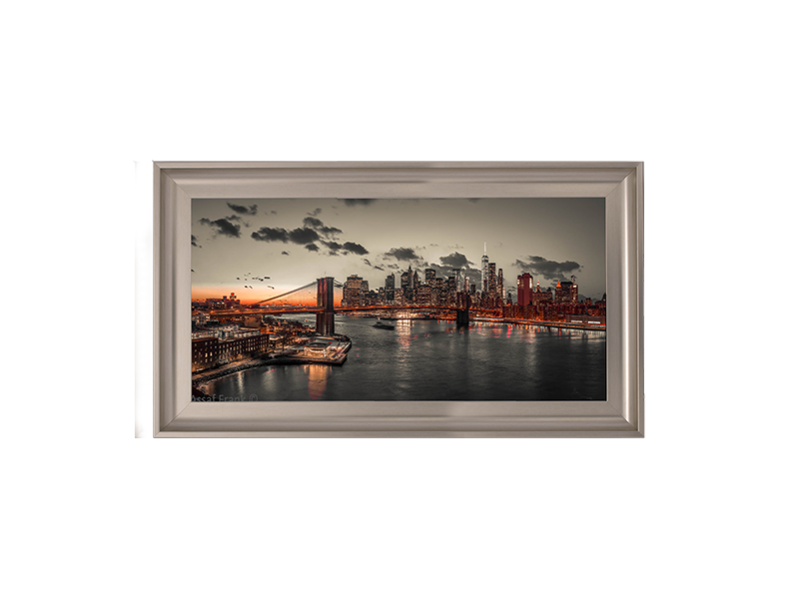 Evening view of Lower Manhattan sky|skyline with Brooklyn bridge over East river