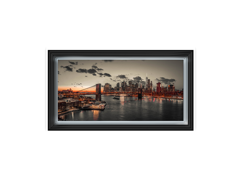 Evening view of Lower Manhattan sky|skyline with Brooklyn bridge over East river